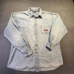 Hard Rock Cafe Madrid Denim Button Up Shirt Mens Sz XL Double Sided Embroidered